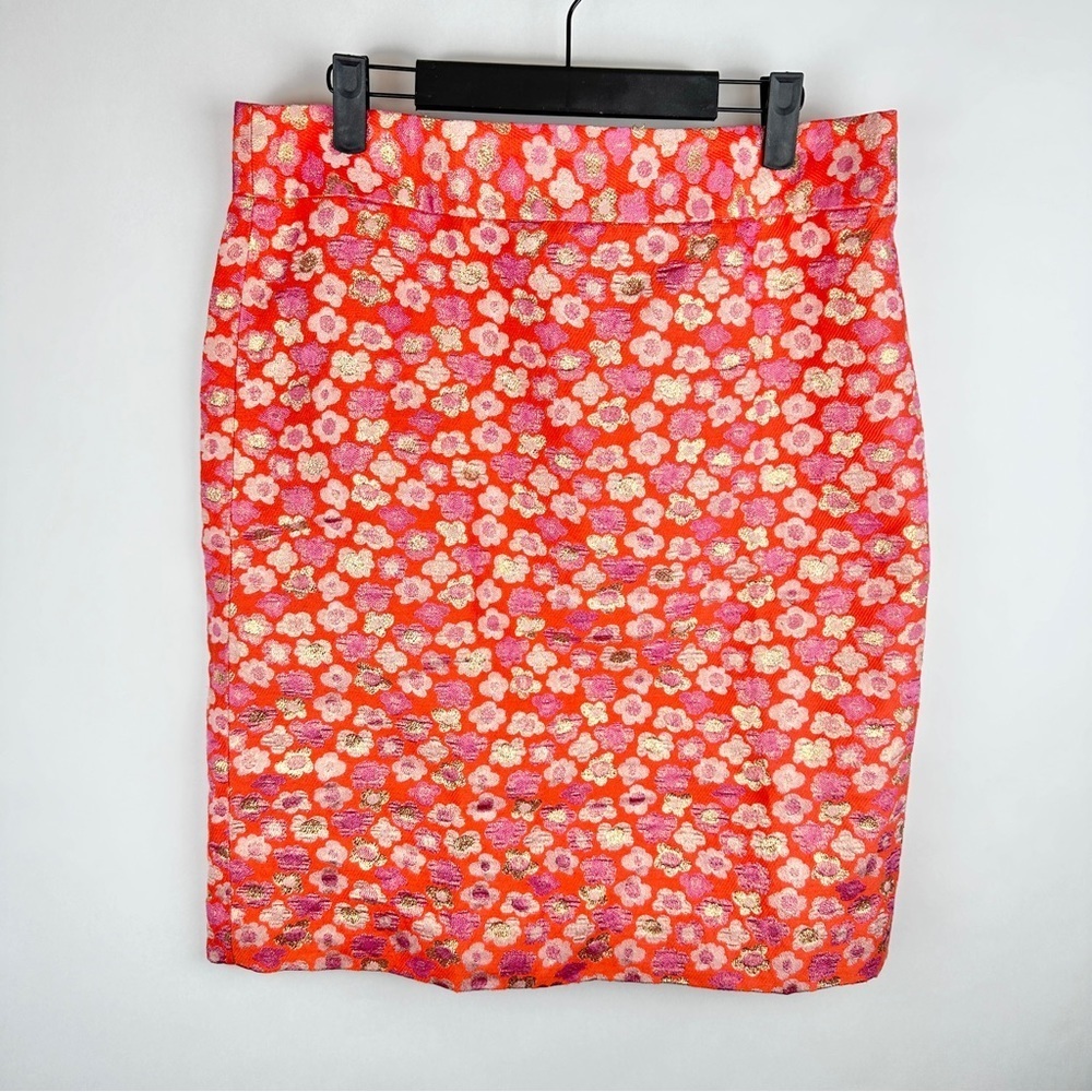 J. Crew Floral Pink and Orange Metallic Pencil Skirt | US Size 10